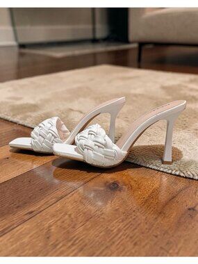 Braided White Heeled Mules With Square-Toe Design & Stiletto Heels